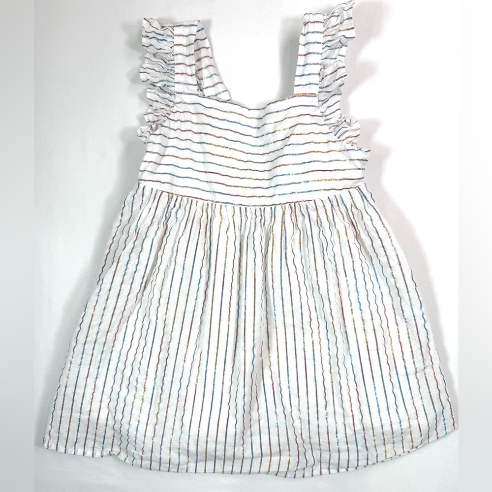 CREWCUTS Girls Ivory Metallic Shimmer Rainbow Striped Ruffle Sleeveless Dress 4